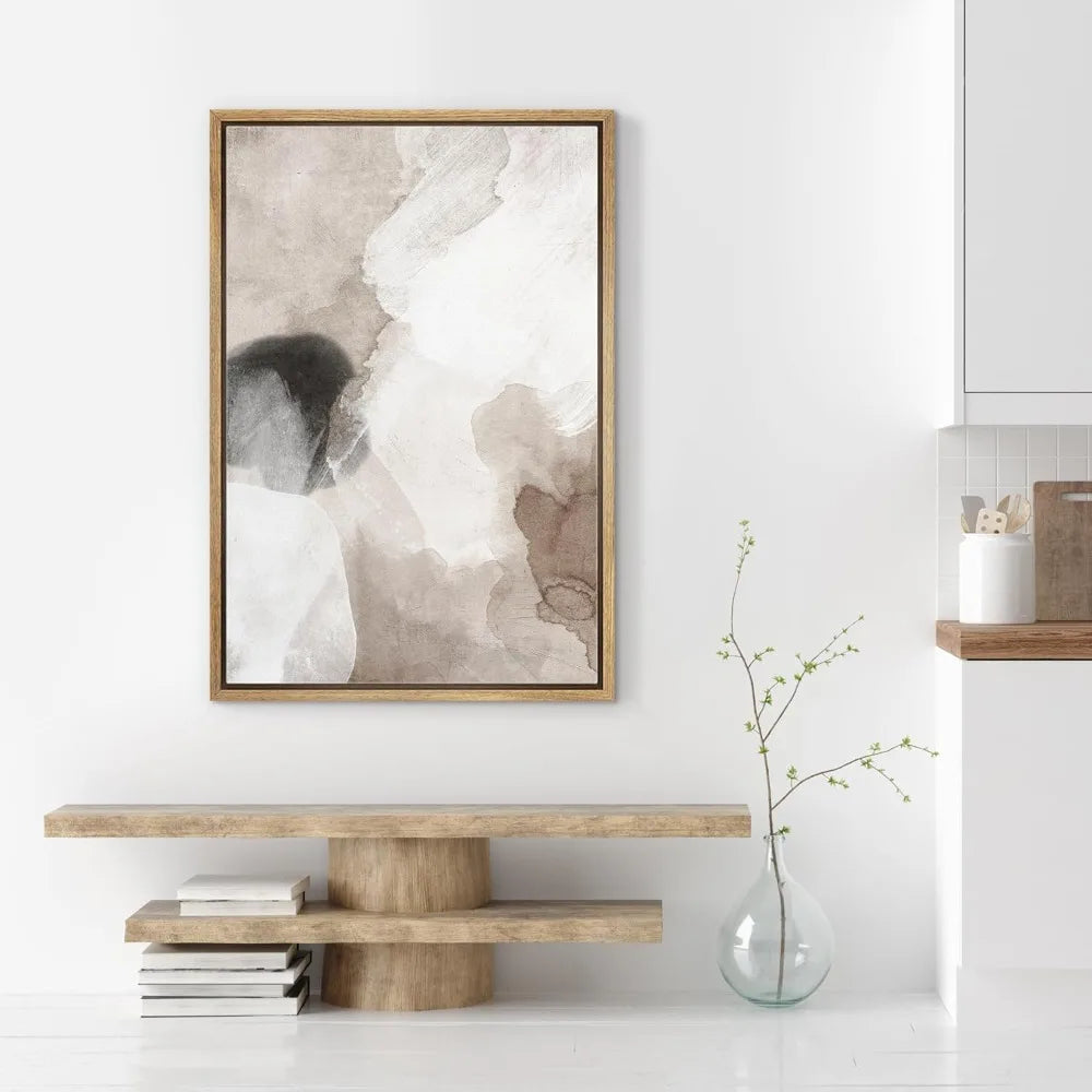 Framed Canvas Wall Art - Pastel Watercolor Abstract Shapes, Modern Minimalist Gray Art for Living Spaces