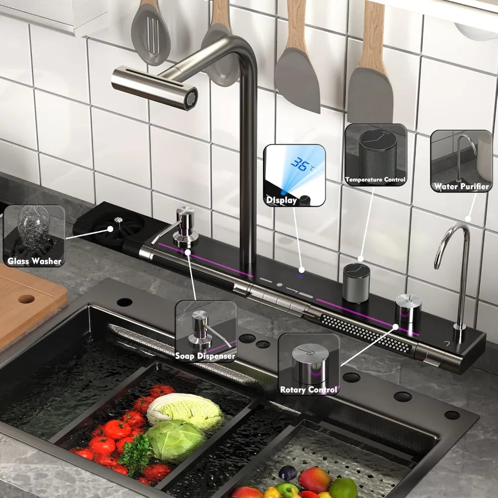 Smart Kitchen Sink 304 Stainless Steel Honeycomb Single Bowl Kitchen Sinks,Digital Display Double Waterfall Sink