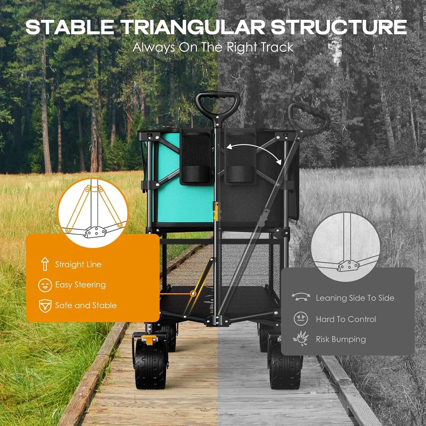 Foldable 50''L Extra Long Double Decker Wagon for Sport 400L Collapsible Heavy Duty Wagon Cart with Big Wheels Utility All Terra