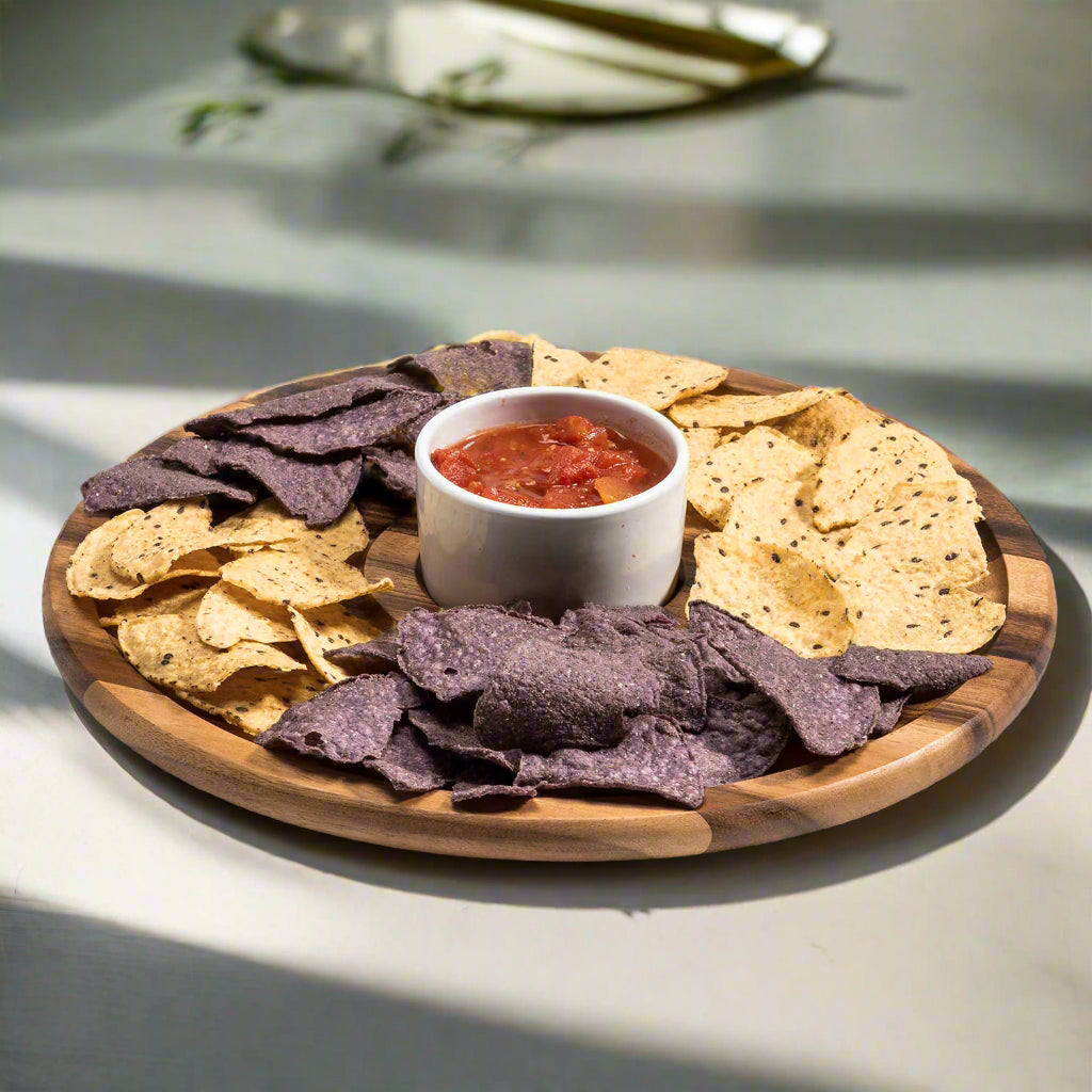 15 Inch Premium Acacia Wood Chip And Dip Set With White Ceramic Bowl by Kalmar Home