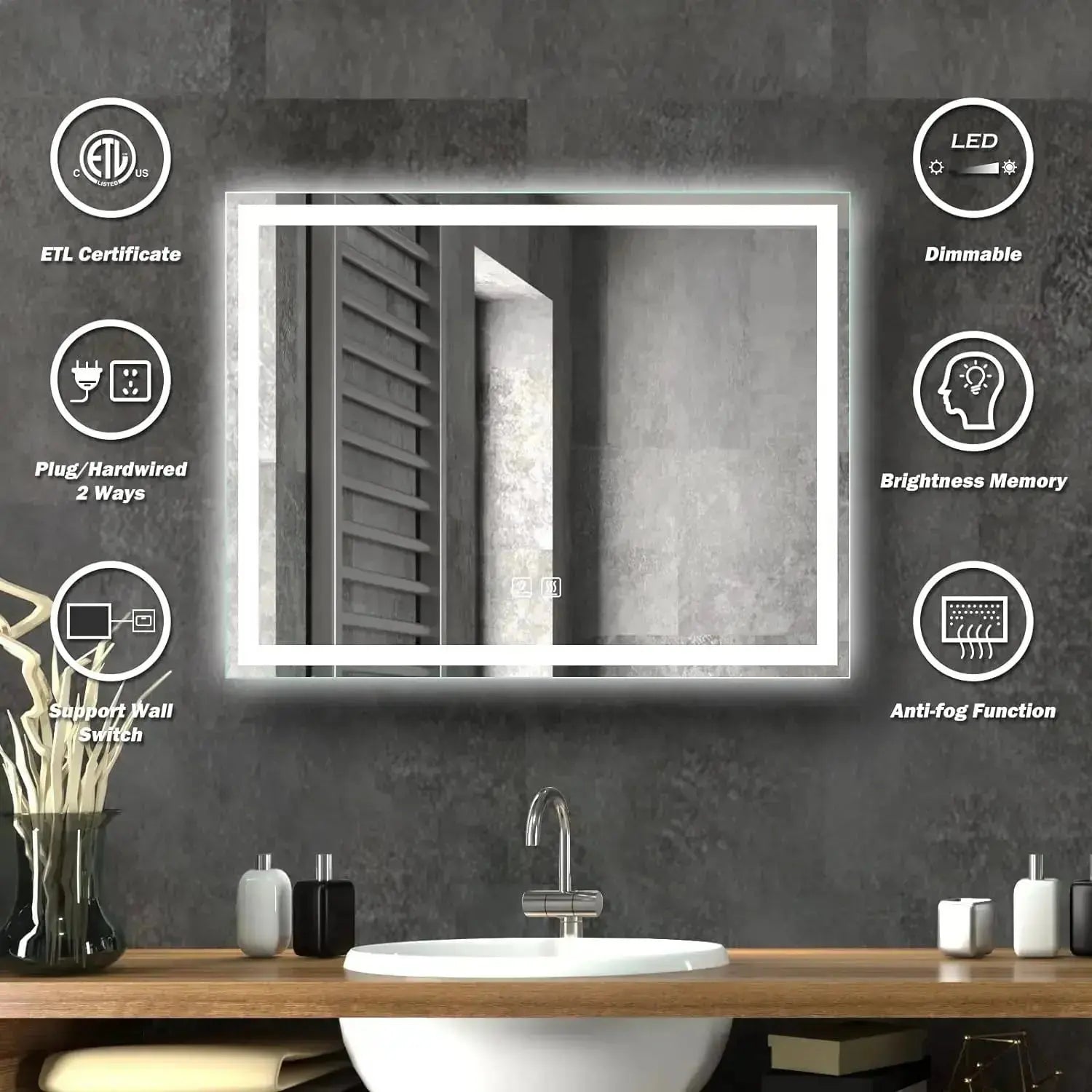 36 x 24  Inch Center Glow LED Bathroom Mirror