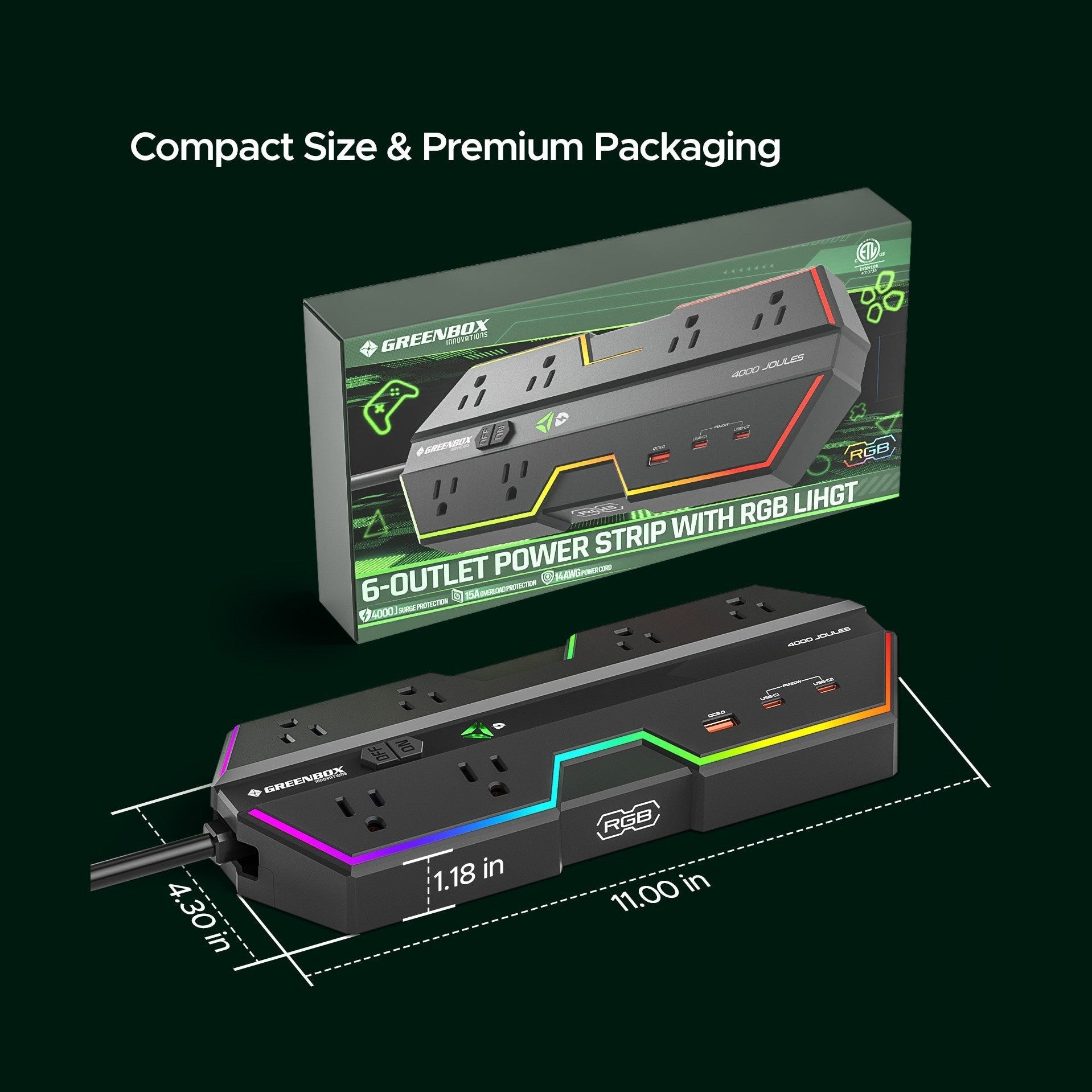 4000J Gaming Power Strip Surge Protector - 20W PD USB-C Fast Charge, 6 Wide-Spaced Outlets, RGB Lighting, 6ft Cord