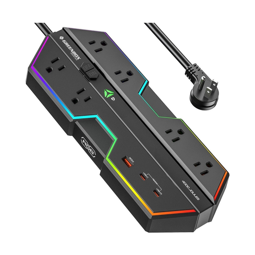 CRST RGB Gaming Power Strip with 6 AC Outlets 1 USB-A & 2 USB-C Ports 4000J Surge Protection 6FT Flat Plug Extension Cord for E-Sports & Gaming PC Ergonomic Design Adjustable RGB Lighting Effect