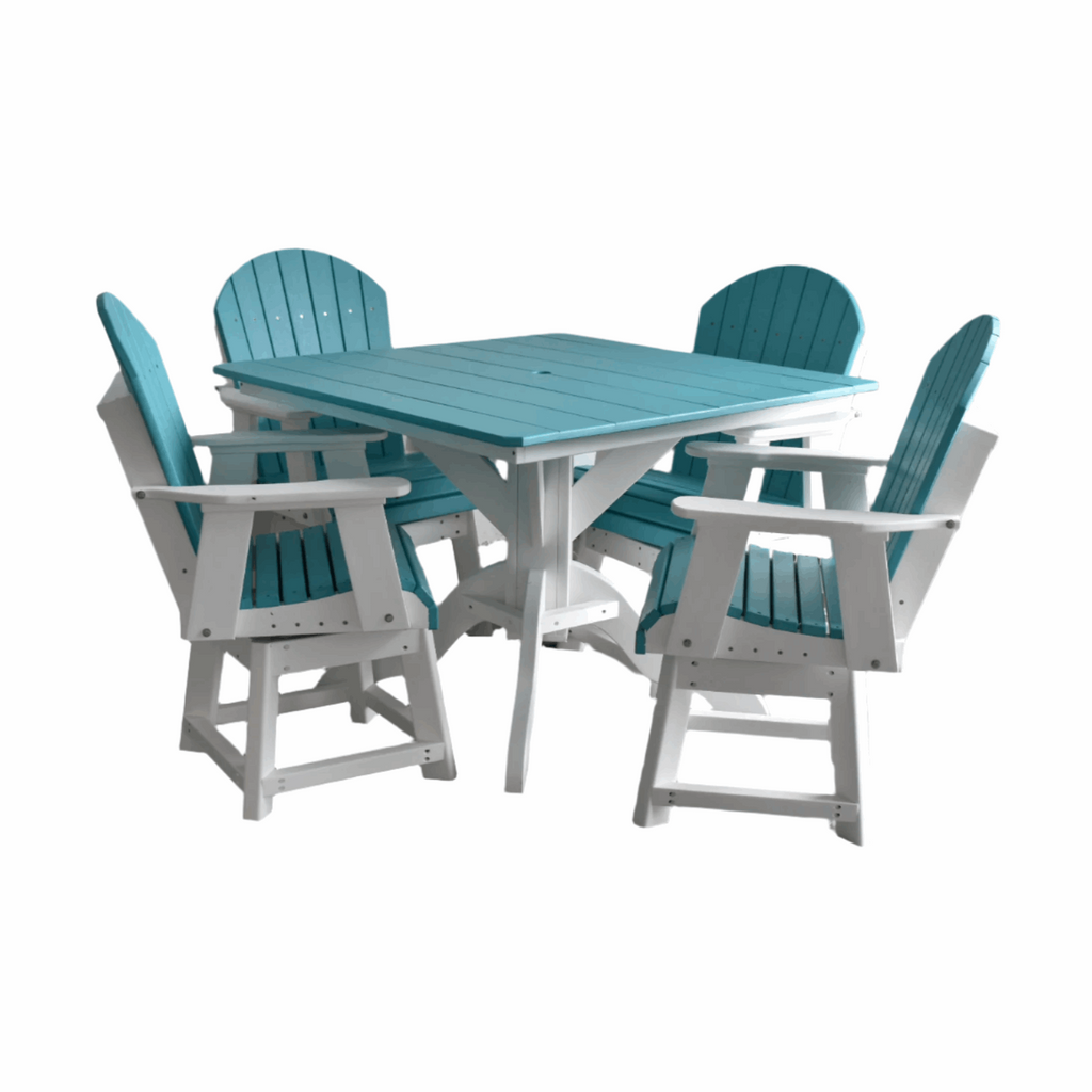 5 pc Table Set - 42" Square Table with 4x Swivel Adirondack Chairs - In Dining, Counter & Bar Height