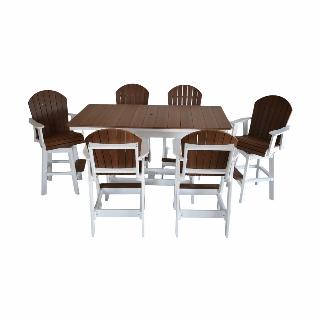 7 pc Table Set - 6' Rectangular Table with 2x Swivel Adirondack Chairs & 4x Adirondack Chairs - In Dining, Counter & Bar Height