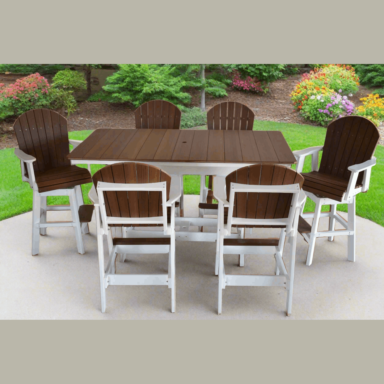 7 pc Table Set - 6' Rectangular Table with 2x Swivel Adirondack Chairs & 4x Adirondack Chairs - In Dining, Counter & Bar Height