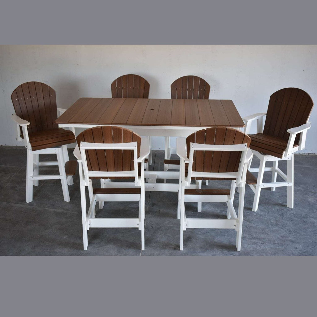 7 pc Table Set - 6' Rectangular Table with 2x Swivel Adirondack Chairs & 4x Adirondack Chairs - In Dining, Counter & Bar Height