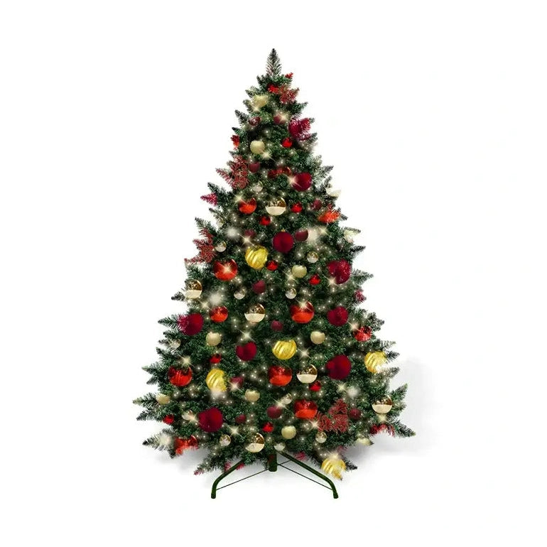 9FT Artificial Christmas Tree PVC Pre-Decorated Red Burgundy Gold Ornaments with Warm White Lights