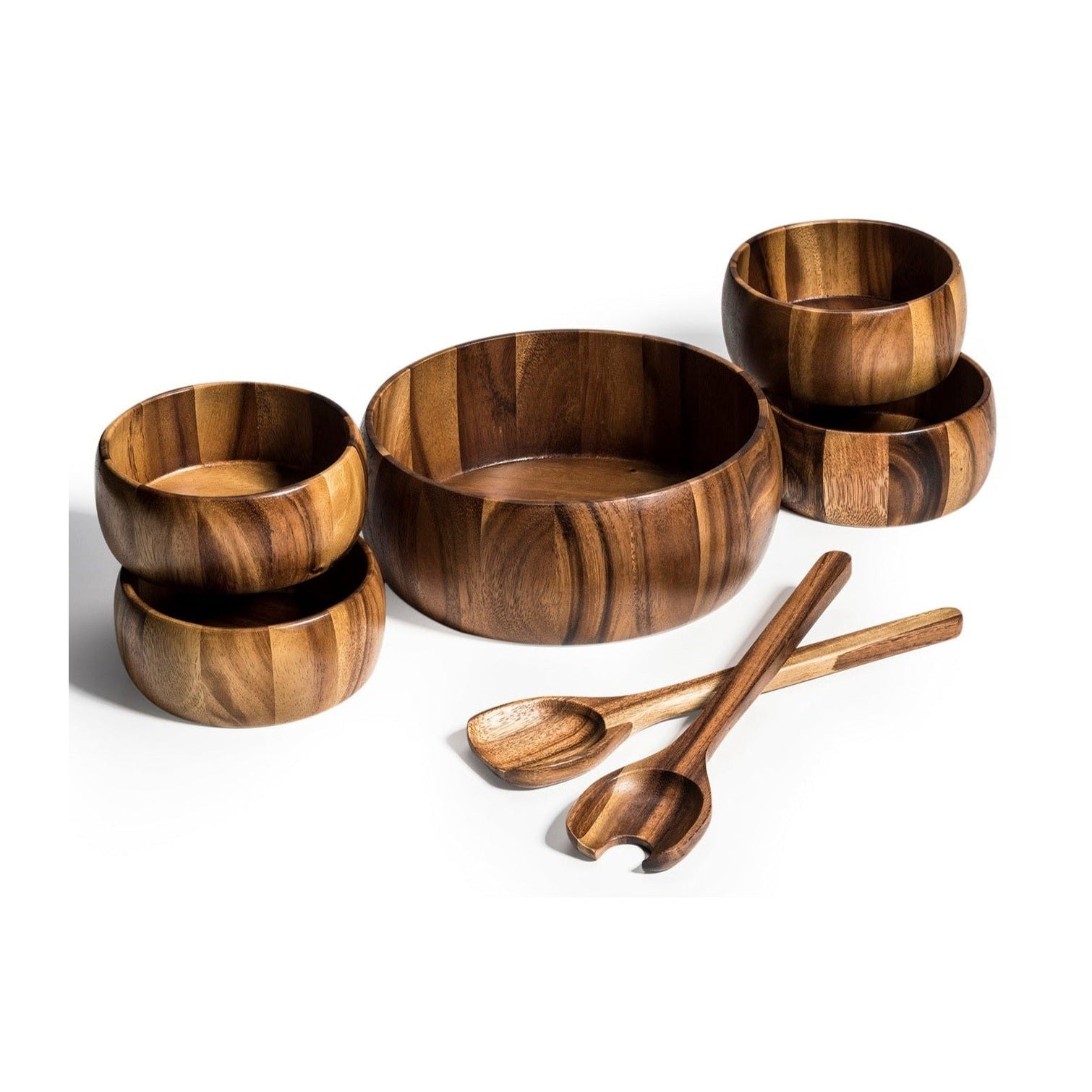 Acacia Wood Large Salad Bowl Set With Serving Utensils 7 Piece by Kalmar Home