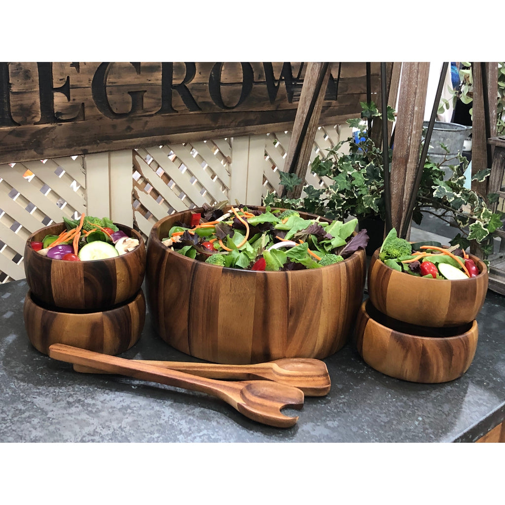 Acacia Wood Large Salad Bowl Set With Serving Utensils 7 Piece by Kalmar Home