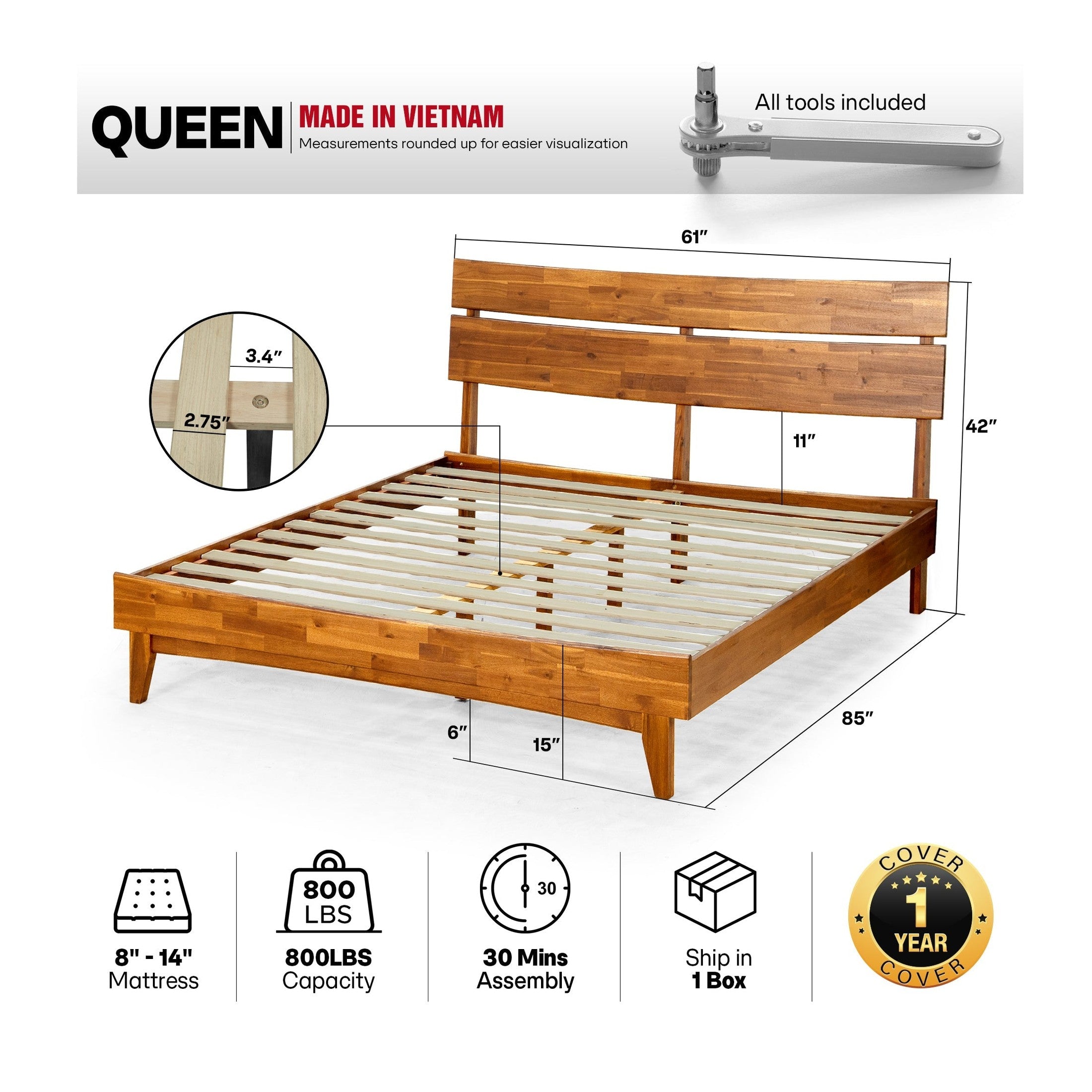 Aurora Solid Wood Bed Frame
