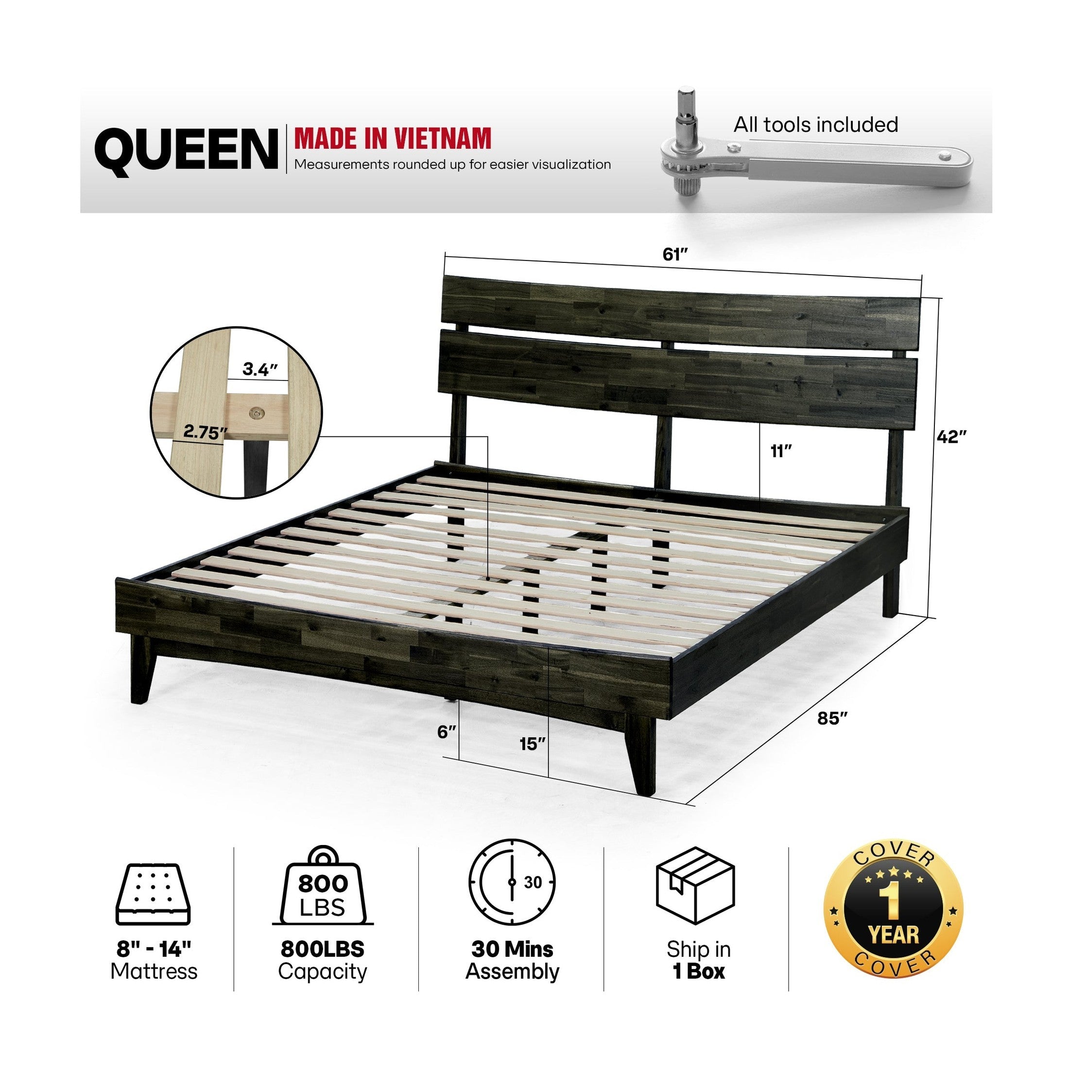 Aurora Solid Wood Bed Frame