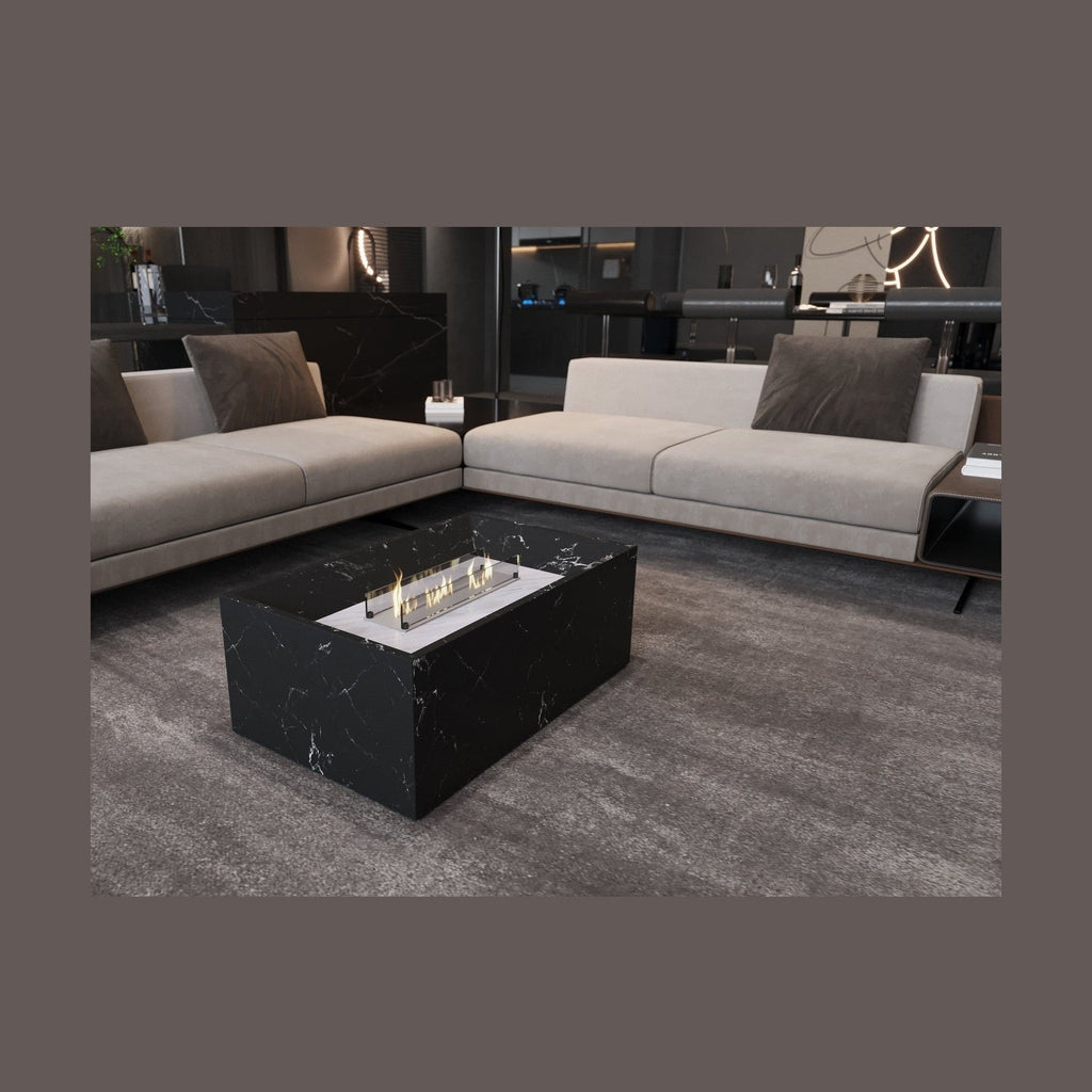 Black Marble Coffee Table with Built-in Fireplace