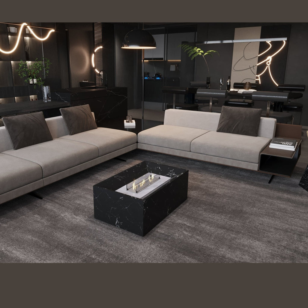 Black Marble Coffee Table with Built-in Fireplace