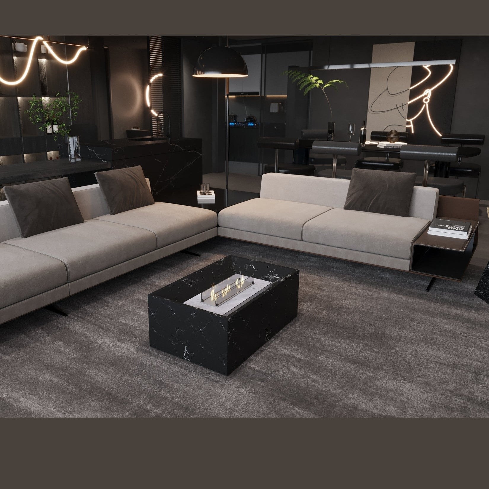 Black Marble Coffee Table with Built-in Fireplace