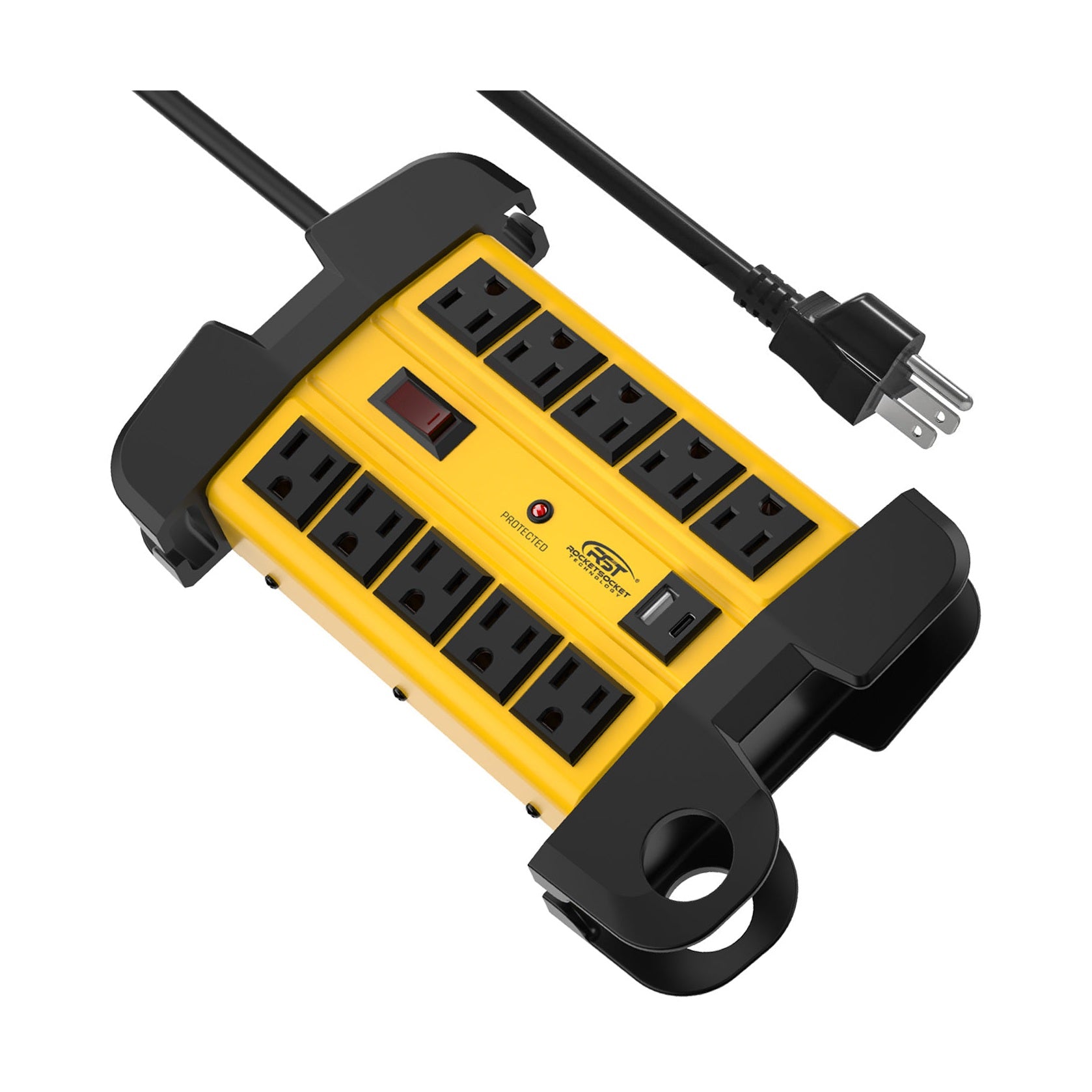 CRST 10-Outlet Metal Power Strip Surge Protector, 2800 Joules, 6FT/15FT Heavy Duty power Cord, USB-C & USB-A Ports, Cord Wrap Management, Wall Mountable Design by Rocket Socket Technology