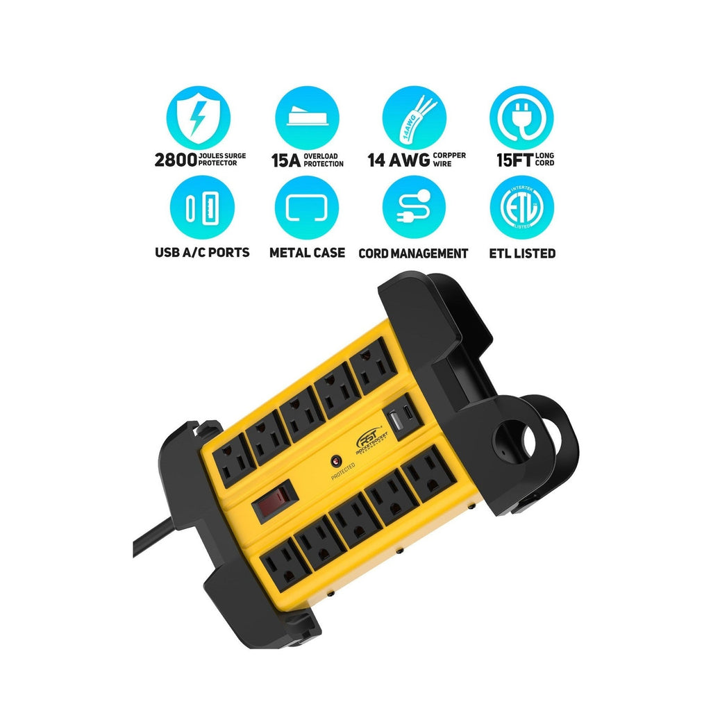 CRST Heavy Duty Mountable 10 Outlets Metal Power Strip with USB-C Port, 2800 Joules Surge Protector, Long Extension Cord, ETL Listed, 36Months Warranty