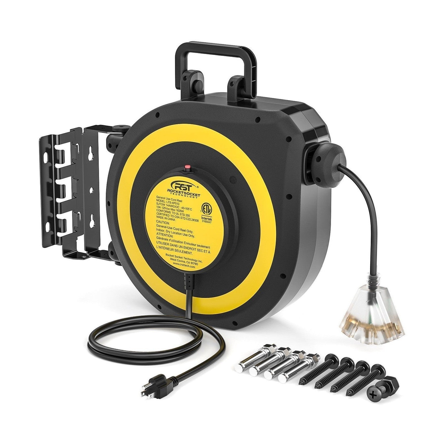 CRST 14AWG 50FT Retractable Extension Cord Reel with Handle 180° Swivel Bracket Automatic Retraction UL Listed 36 Months Warranty