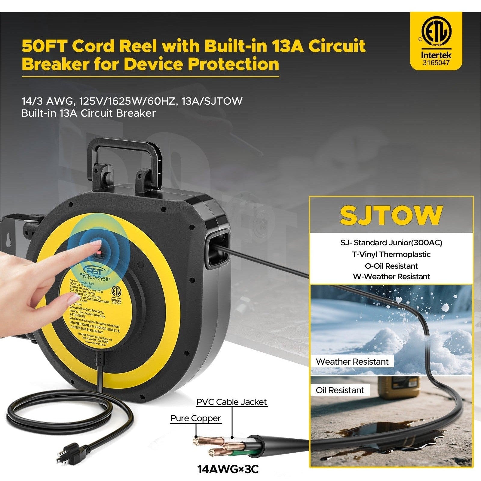 CRST 14AWG 50FT Retractable Extension Cord Reel with Handle 180° Swivel Bracket Automatic Retraction UL Listed 36 Months Warranty