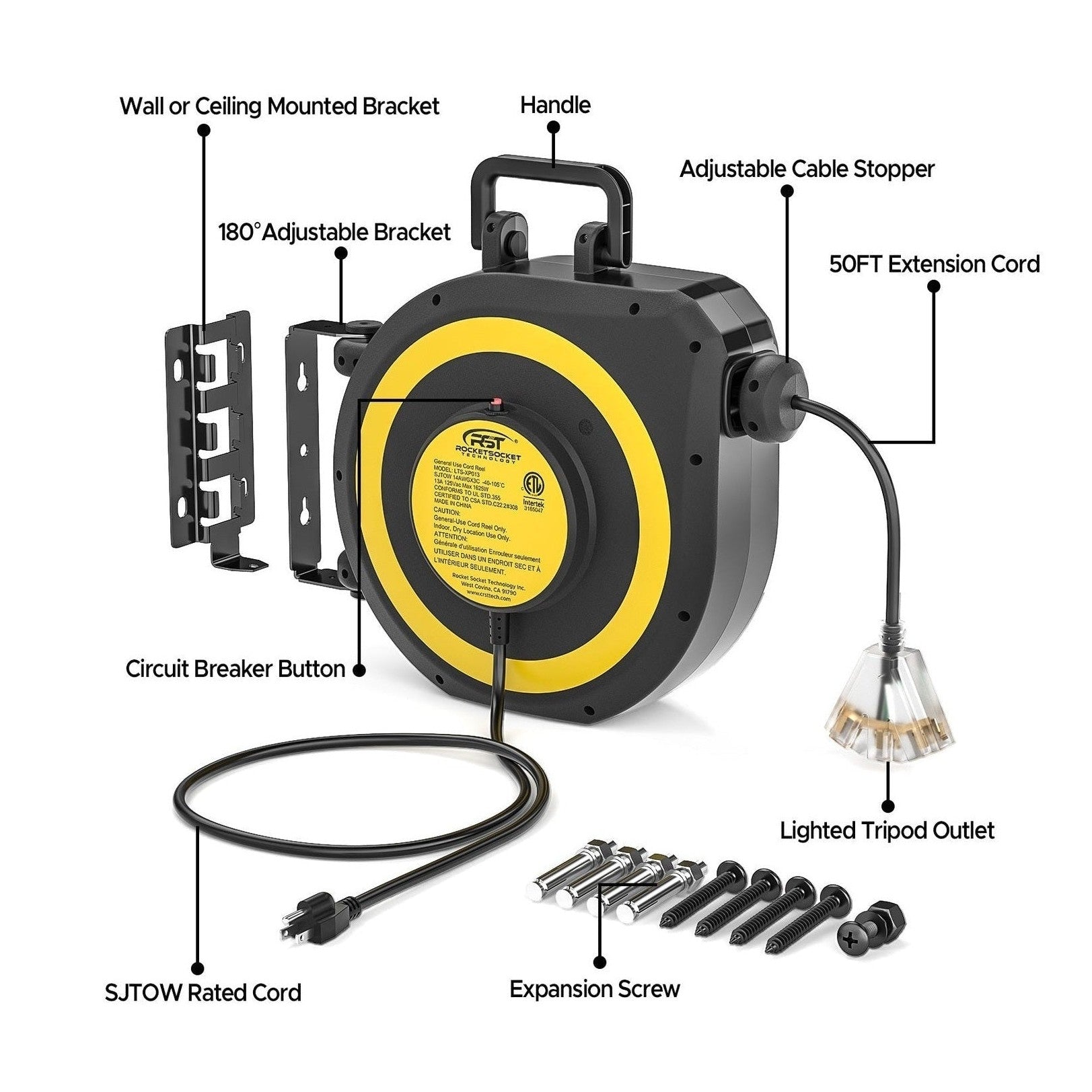 CRST 14AWG 50FT Retractable Extension Cord Reel with Handle 180° Swivel Bracket Automatic Retraction UL Listed 36 Months Warranty