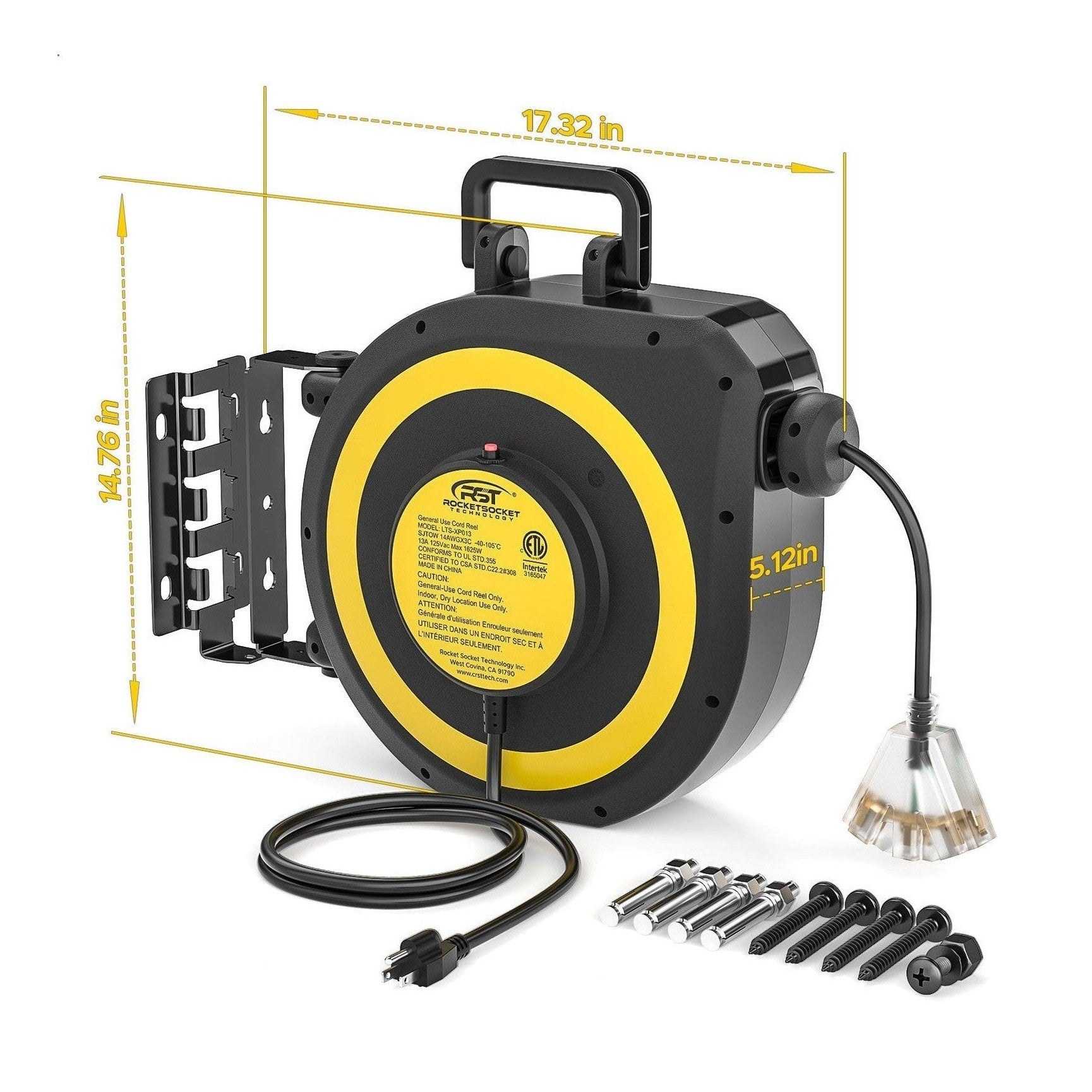 CRST 14AWG 50FT Retractable Extension Cord Reel with Handle 180° Swivel Bracket Automatic Retraction UL Listed 36 Months Warranty