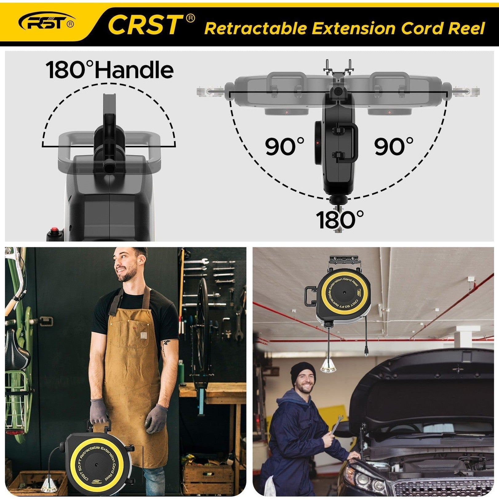 CRST 14AWG 50FT Retractable Extension Cord Reel with Handle 180° Swivel Bracket Automatic Retraction UL Listed 36 Months Warranty