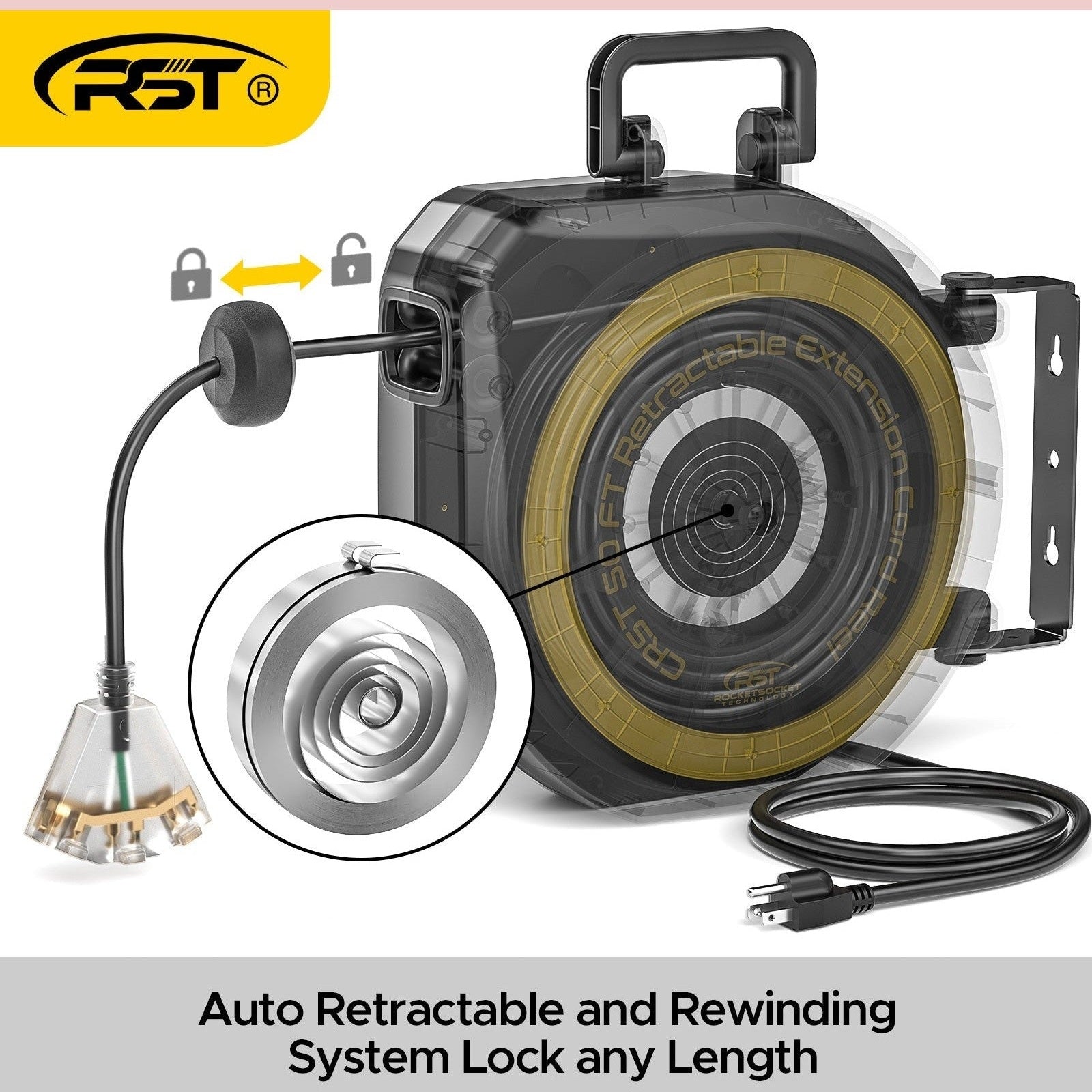 CRST 14AWG 50FT Retractable Extension Cord Reel with Handle 180° Swivel Bracket Automatic Retraction UL Listed 36 Months Warranty