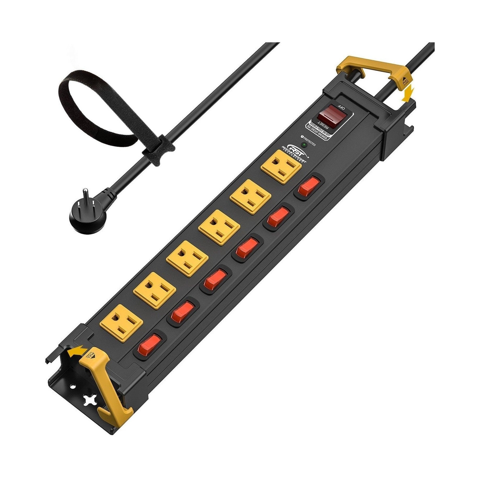 CRST Mountable Wider Spaced 6-Outlets Individual Switches Heavy Duty Metal Power Strip Surge Protector, 6FT Flat Plug Extension Cord, 1020J Protection, 36Months Warranty
