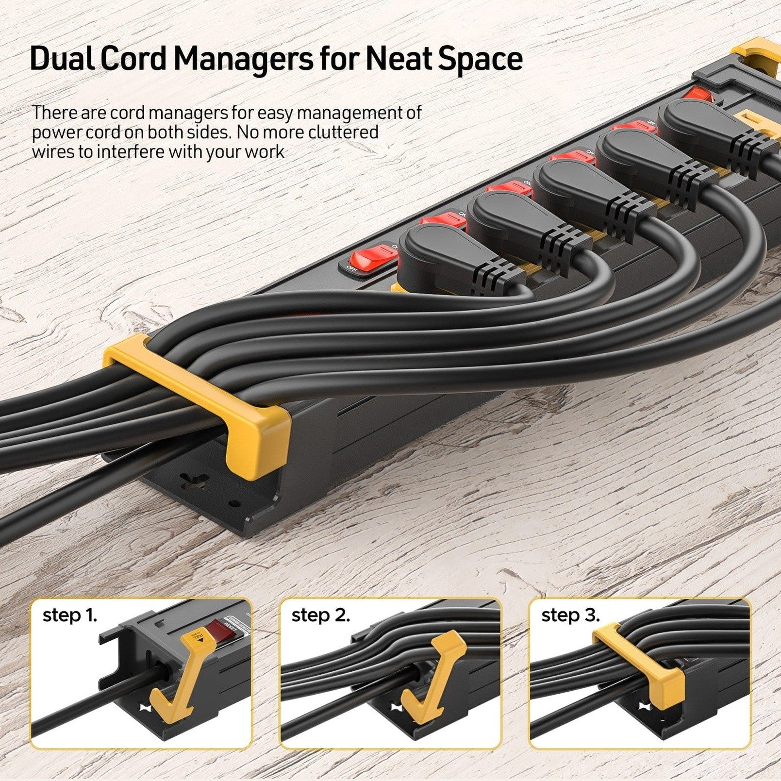 CRST Mountable Wider Spaced 6-Outlets Individual Switches Heavy Duty Metal Power Strip Surge Protector, 6FT Flat Plug Extension Cord, 1020J Protection, 36Months Warranty