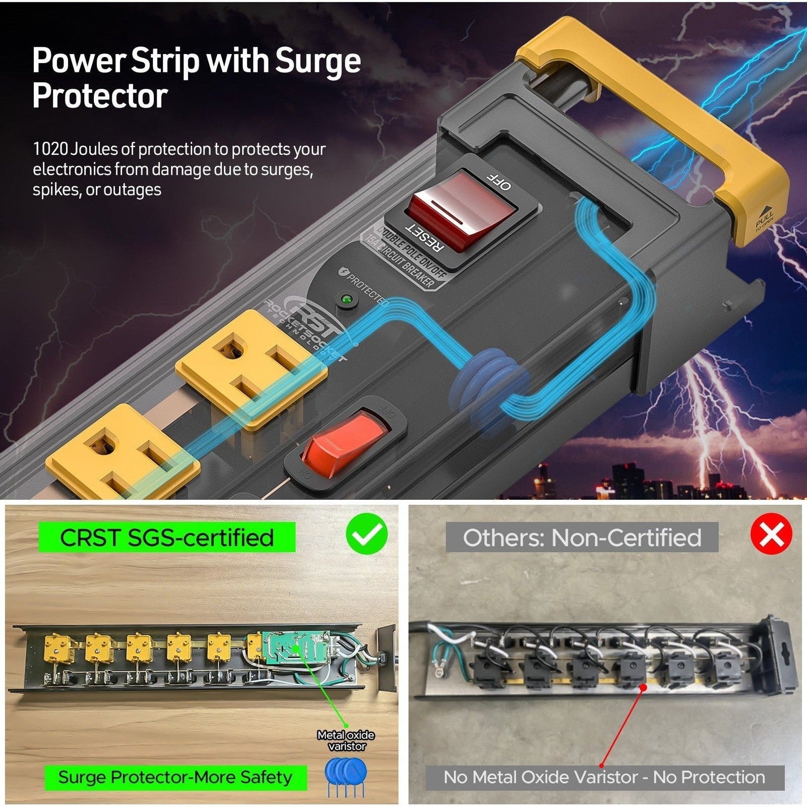 CRST Mountable Wider Spaced 6-Outlets Individual Switches Heavy Duty Metal Power Strip Surge Protector, 6FT Flat Plug Extension Cord, 1020J Protection, 36Months Warranty
