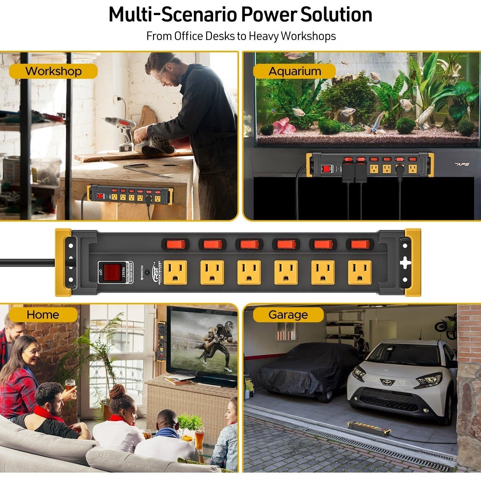 CRST Mountable Wider Spaced 6-Outlets Individual Switches Heavy Duty Metal Power Strip Surge Protector, 6FT Flat Plug Extension Cord, 1020J Protection, 36Months Warranty