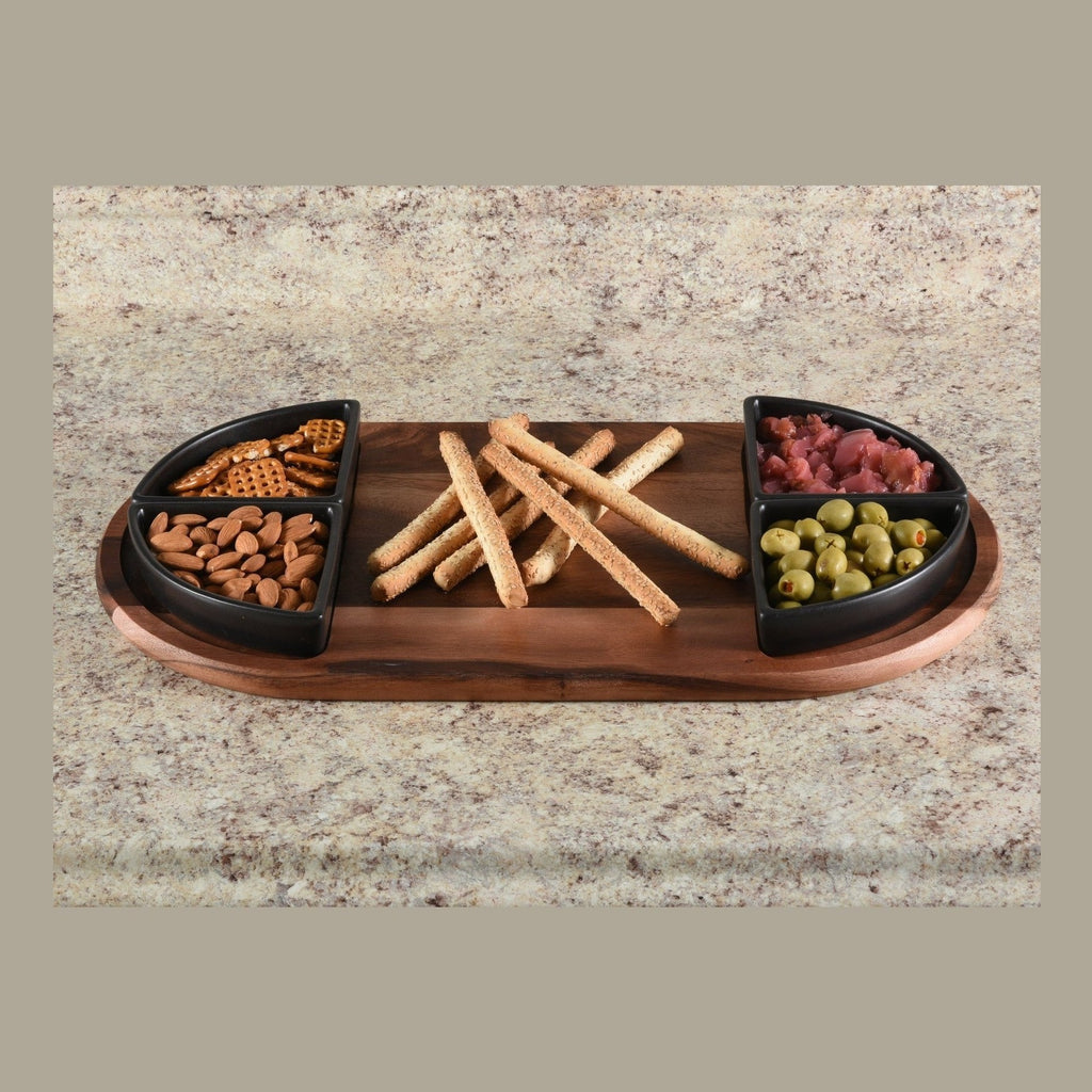 Charcuterie / Serving Tray w/ 4 Triangular Ceramic Bowls