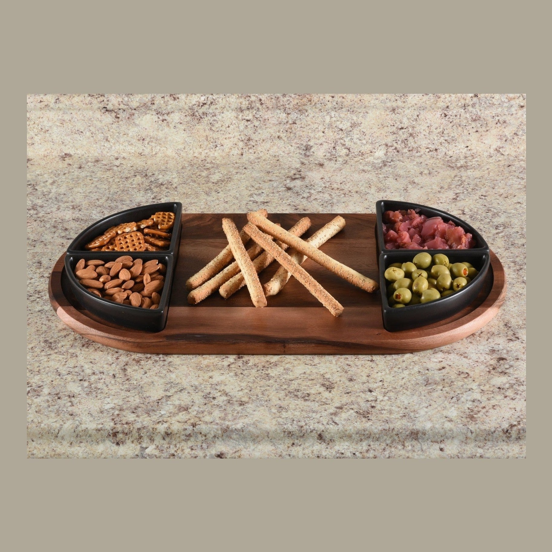Charcuterie / Serving Tray w/ 4 Triangular Ceramic Bowls