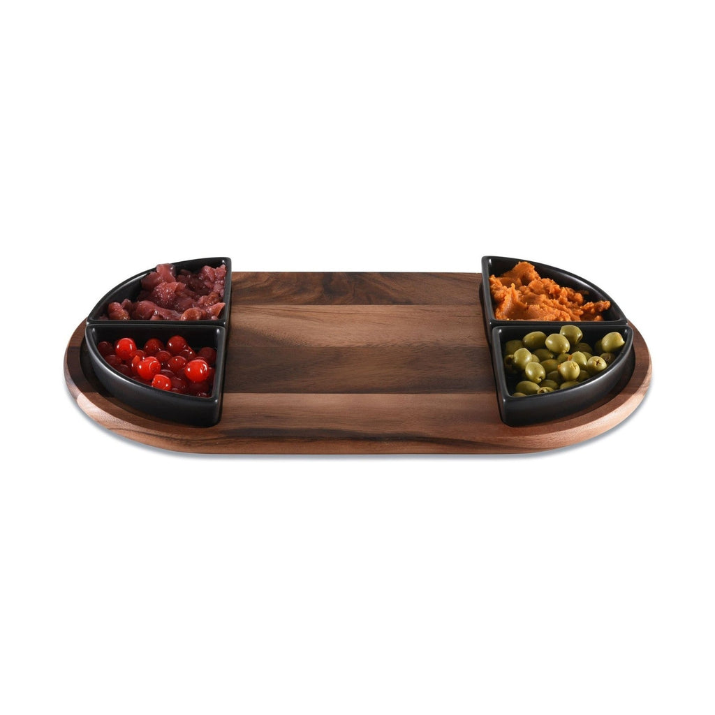 Charcuterie / Serving Tray w/ 4 Triangular Ceramic Bowls