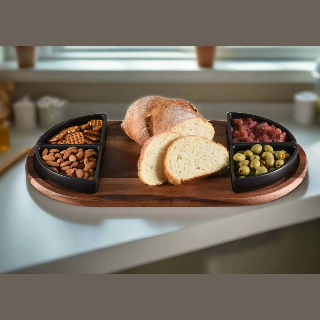 Charcuterie / Serving Tray w/ 4 Triangular Ceramic Bowls
