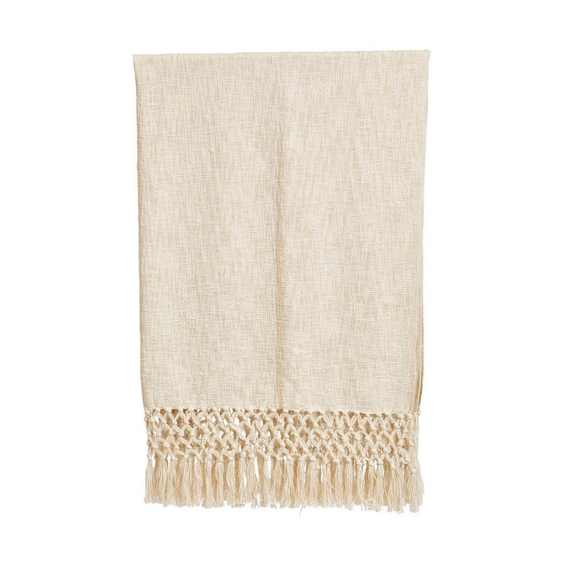 Crochet Fringe Woven Cotton Throw Blanket, Cream