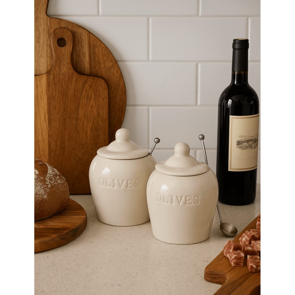 Debossed Stoneware Olive Jars with Slotted Spoon – Set of 2