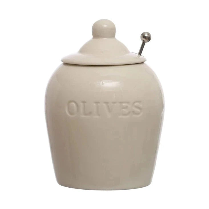 Debossed Stoneware Olive Jars with Slotted Spoon – Set of 2