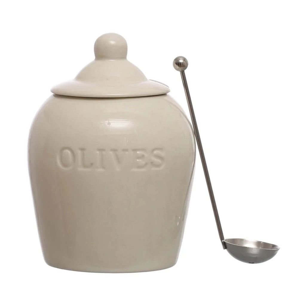 Debossed Stoneware Olive Jars with Slotted Spoon – Set of 2