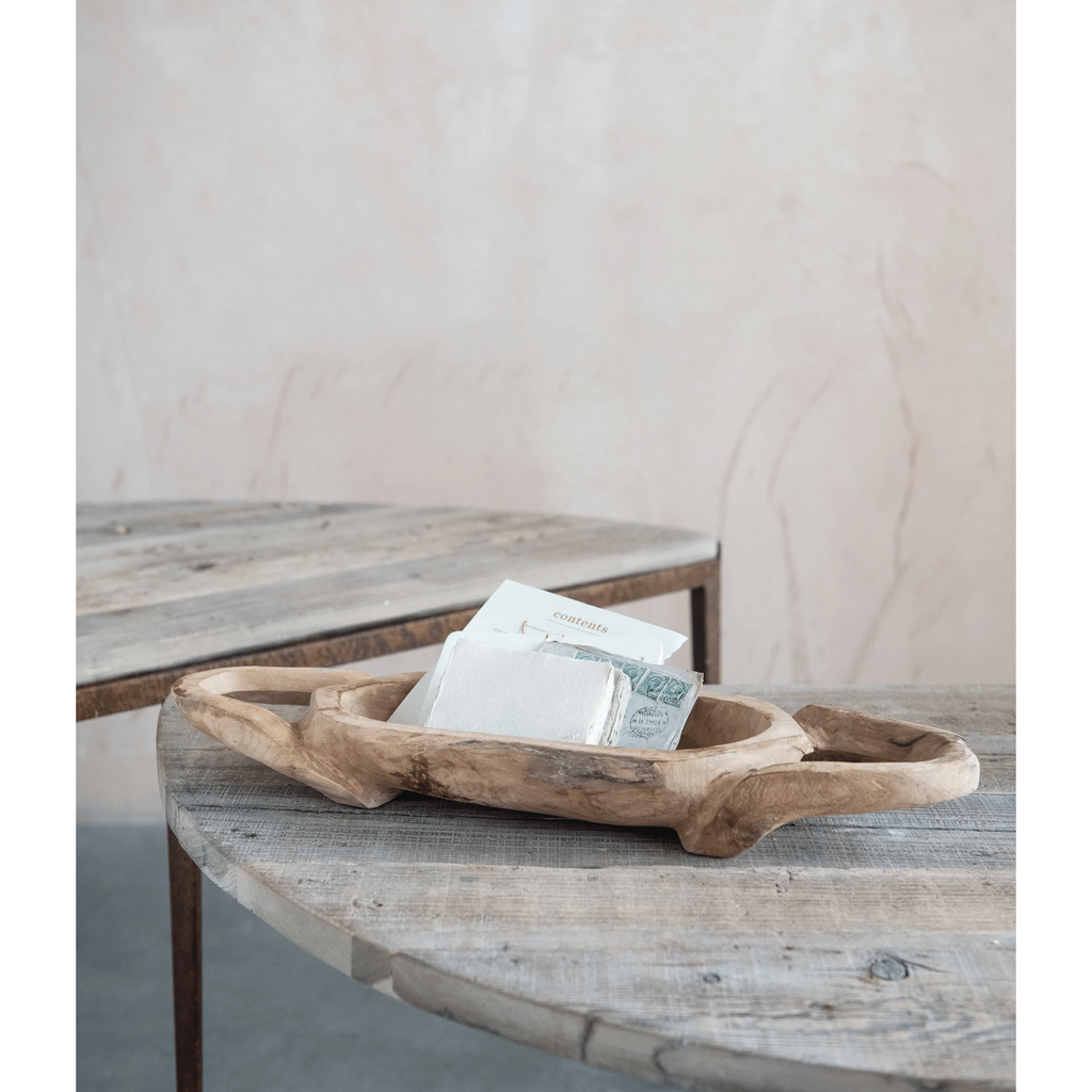 Decorative Hand-Carved Teakwood Tray with Handles