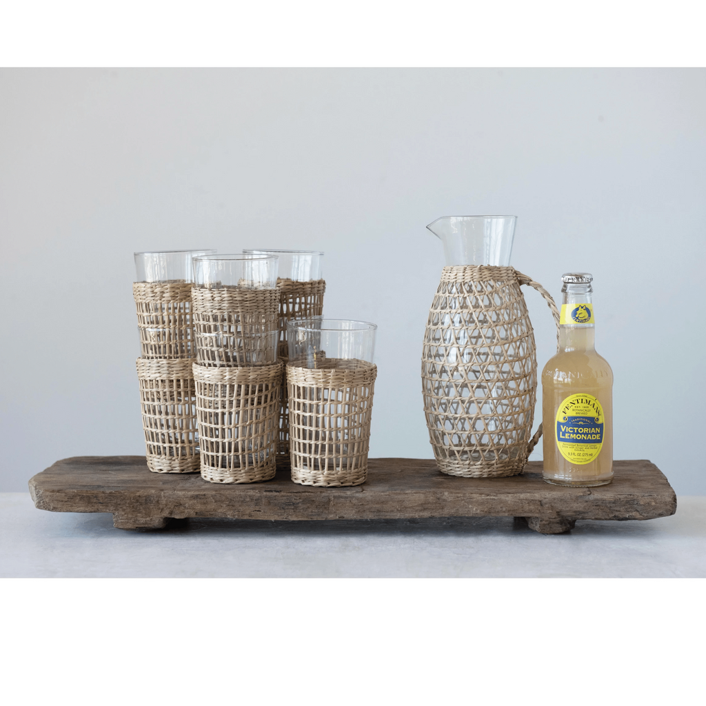 Drinking Glass with Woven Seagrass Sleeve