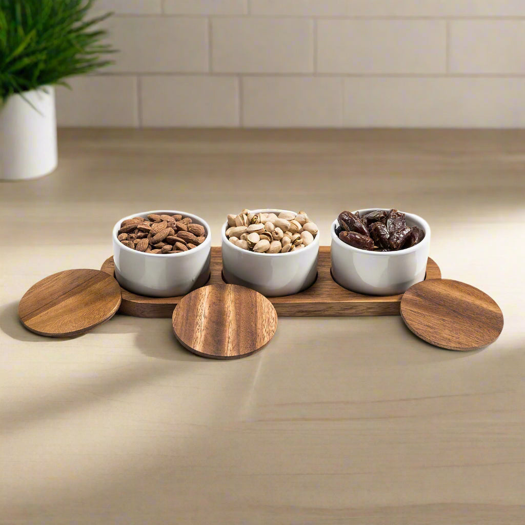 Elegant Ceramic Condiment Set With Acacia Wood Base Black Or White by Kalmar Home