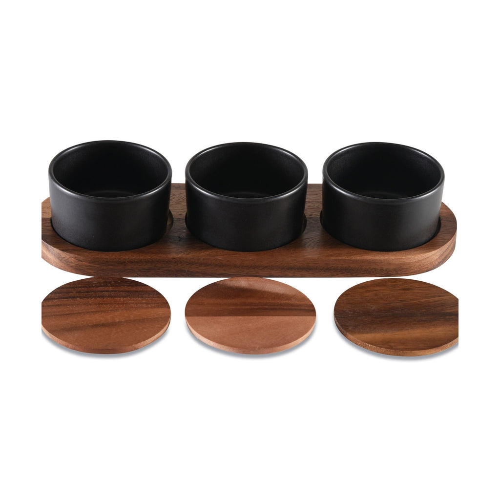 Elegant Ceramic Condiment Set With Acacia Wood Base Black Or White by Kalmar Home