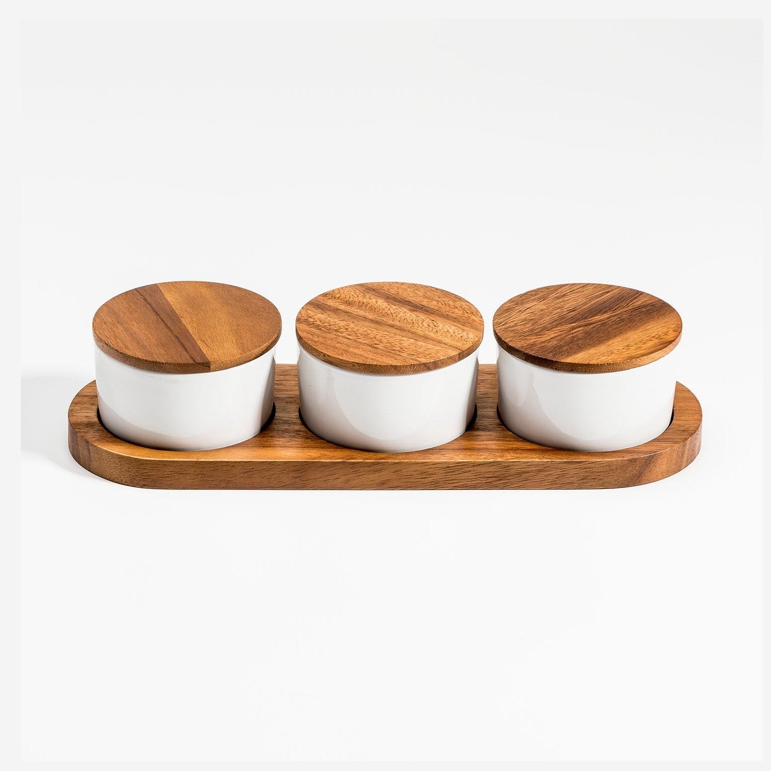 Elegant Ceramic Condiment Set With Acacia Wood Base Black Or White by Kalmar Home