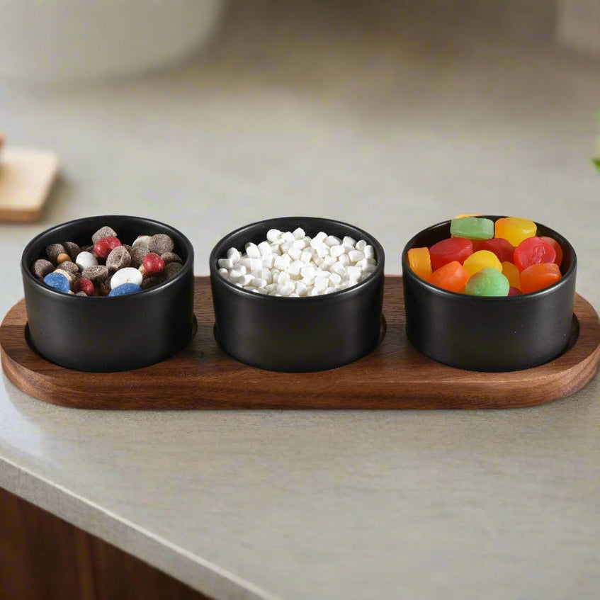 Elegant Ceramic Condiment Set With Acacia Wood Base Black Or White by Kalmar Home