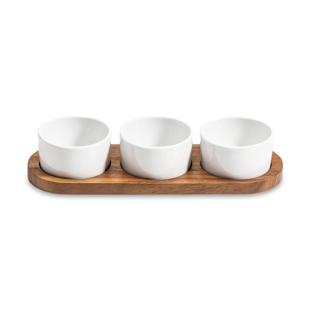 Elegant Ceramic Condiment Set With Acacia Wood Base Black Or White by Kalmar Home