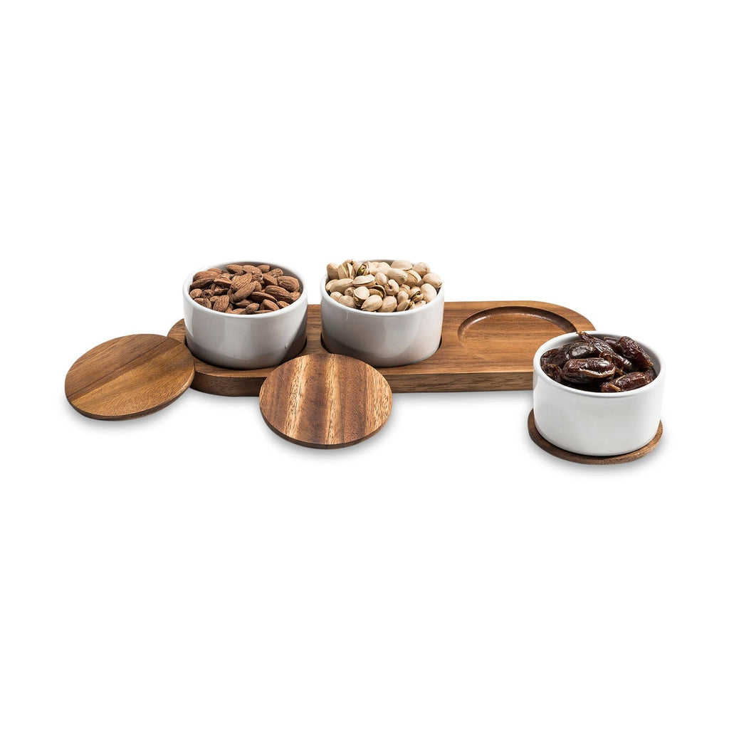 Elegant Ceramic Condiment Set With Acacia Wood Base Black Or White by Kalmar Home
