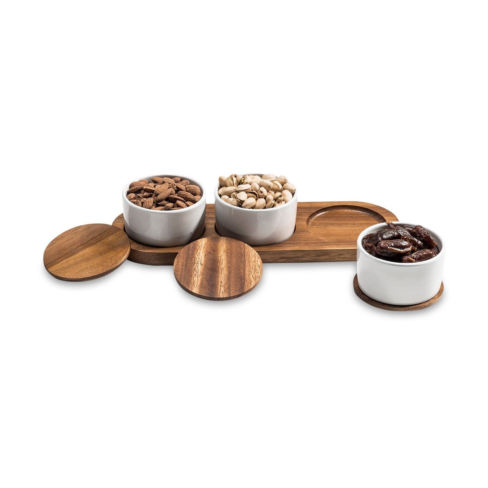 Elegant Ceramic Condiment Set With Acacia Wood Base Black Or White by Kalmar Home