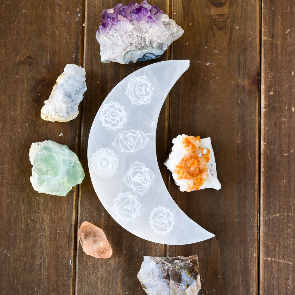 Engraved Selenite Plate Crescent Moon | DC-Whyte Quartz