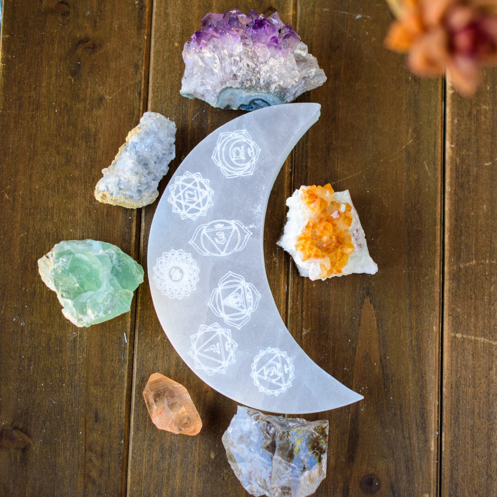 Engraved Selenite Plate Crescent Moon | DC-Whyte Quartz